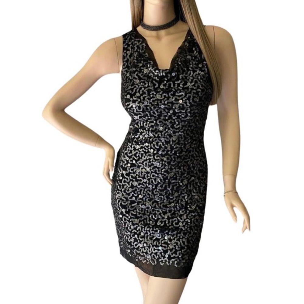 Max Studio Black & Silver Sequin Draped Cowl Neck Stretch Dress